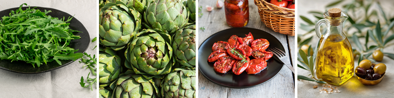 salade de roquette, tomates séchées et artichauts